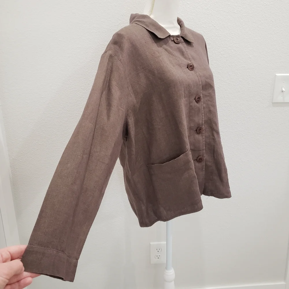 FLAX Brown Button Down Lightweight Linen Jacket Size Medium - Picture 4 of 8